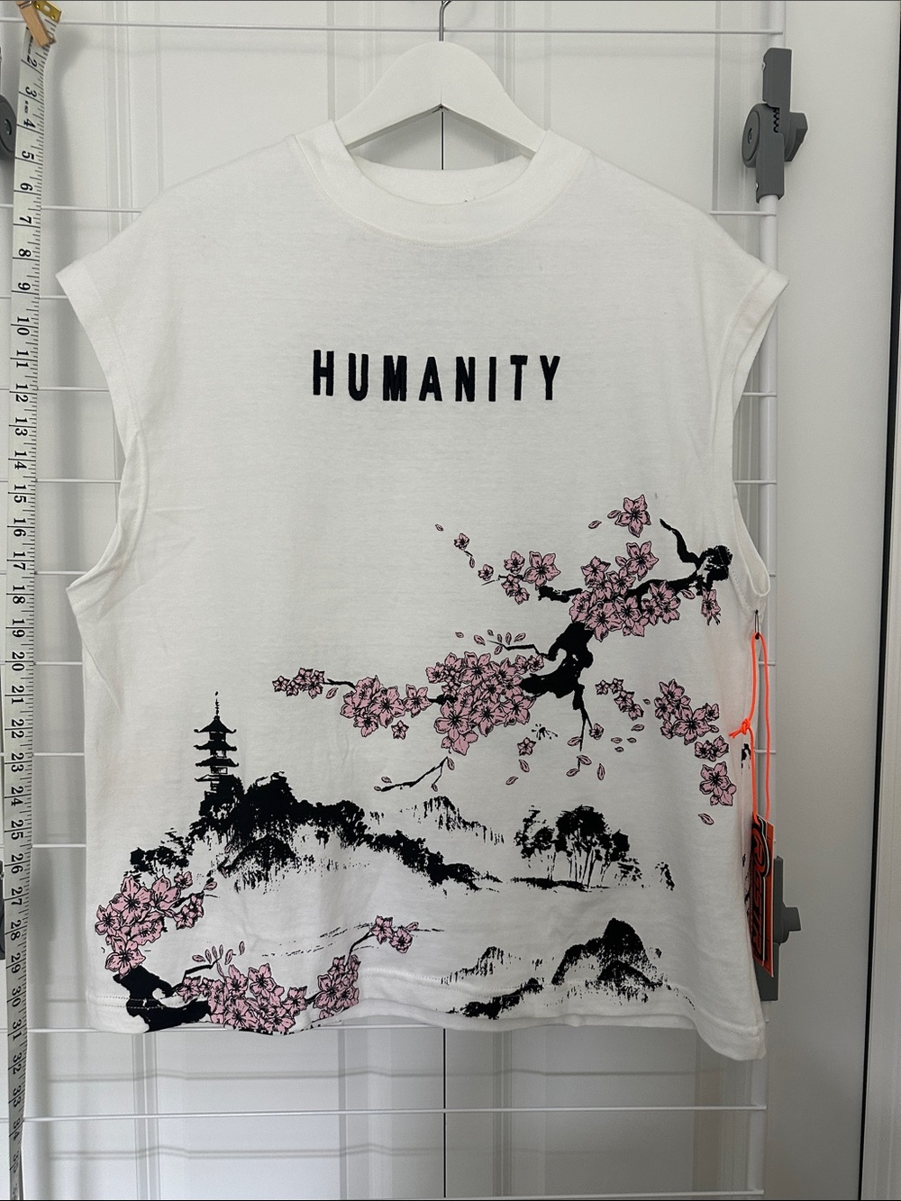 Men's White Graphic Tank Top with Pink Cherry Blossom Print Muscle Fit